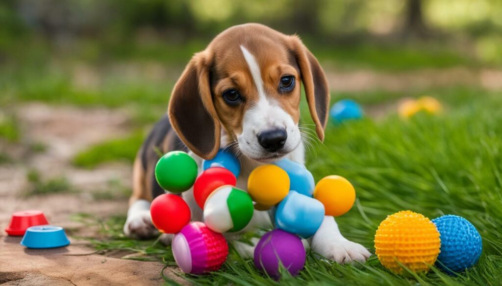 Beagle pup playing with a toy