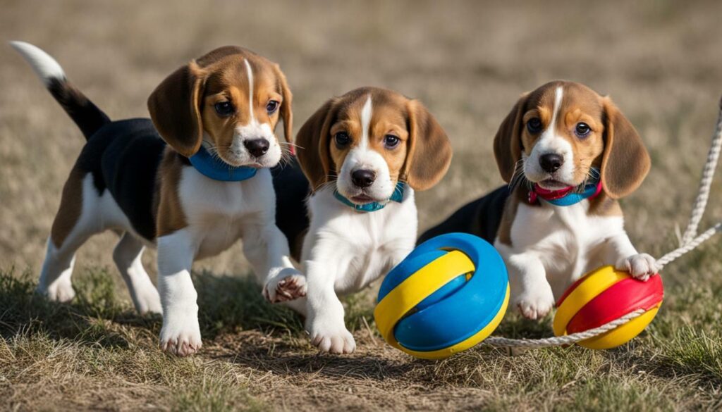 Beagle pups playing with toys