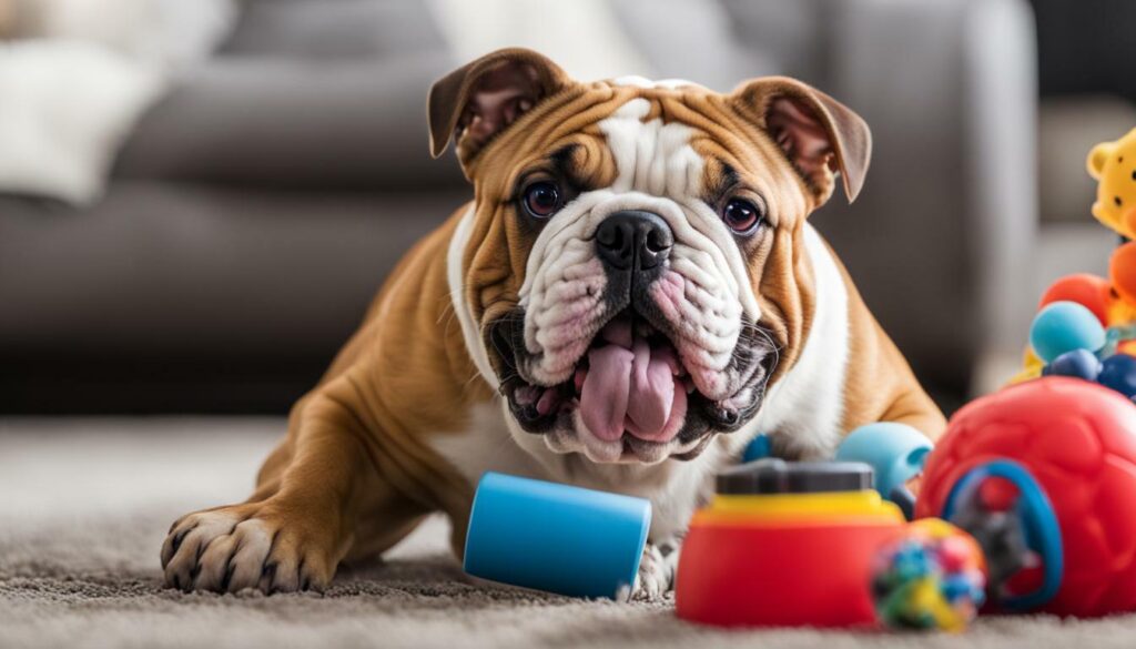 Bulldog playing with a toy