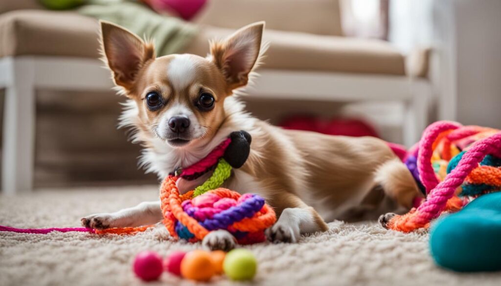 Chihuahua playing with toys