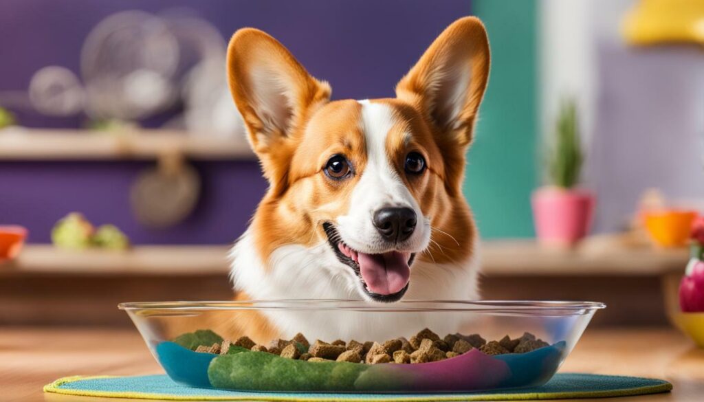 Corgi eating from a bowl