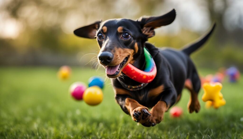 Dachshund playing with a toy