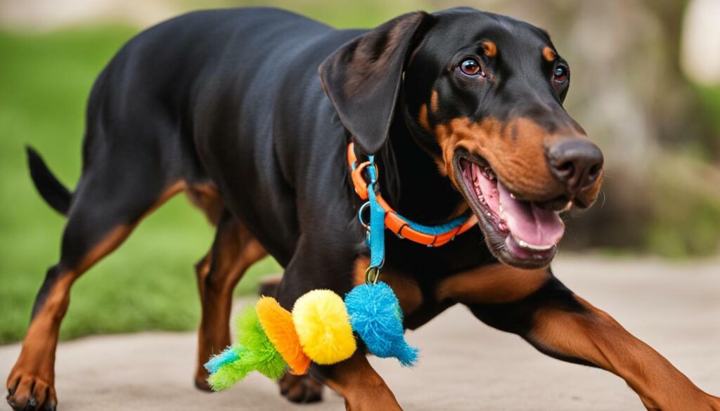 Doberman Pinscher with a toy