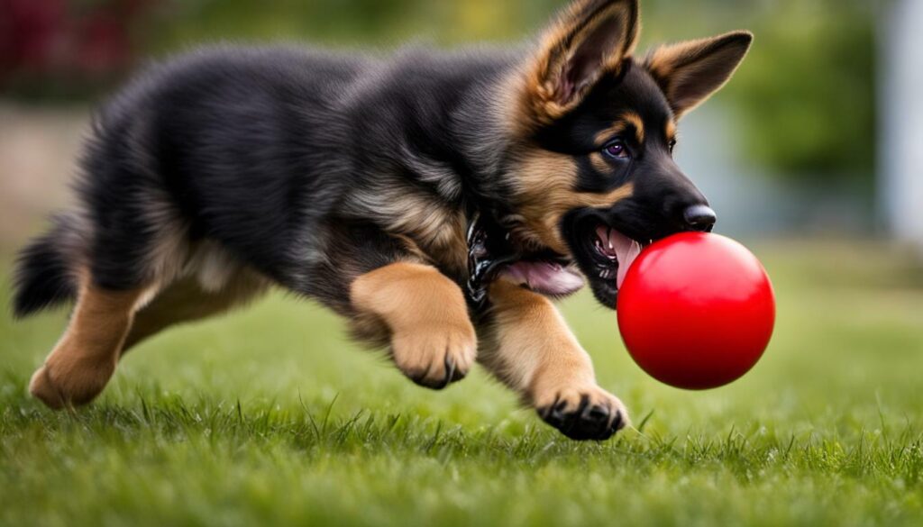 German Shepherd puppy playing with a toy