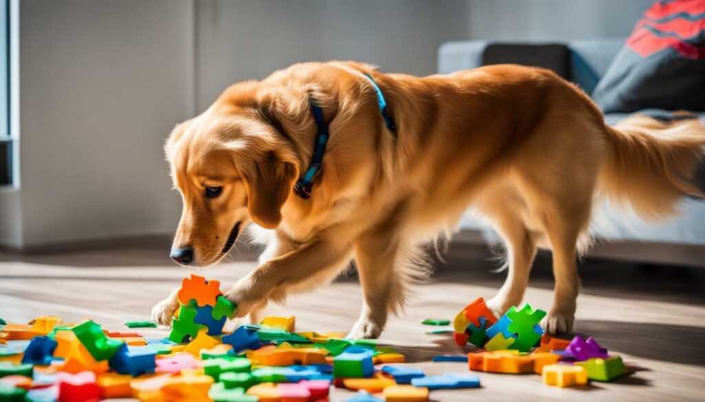 Golden Retriever playing with a puzzle toy