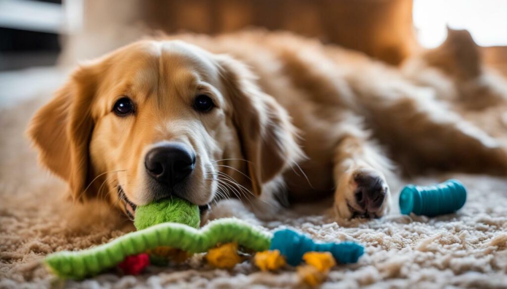 Golden Retriever playing with toys
