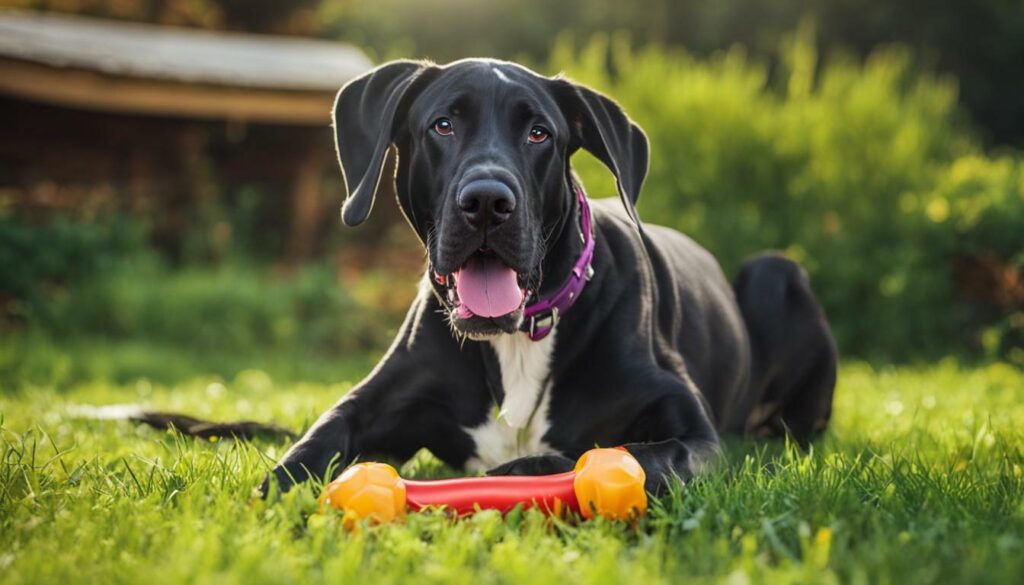 Great Dane playing with a durable toy