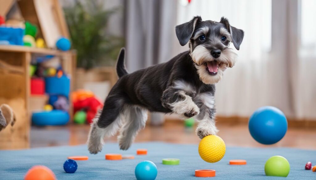 Miniature Schnauzer playing with toys