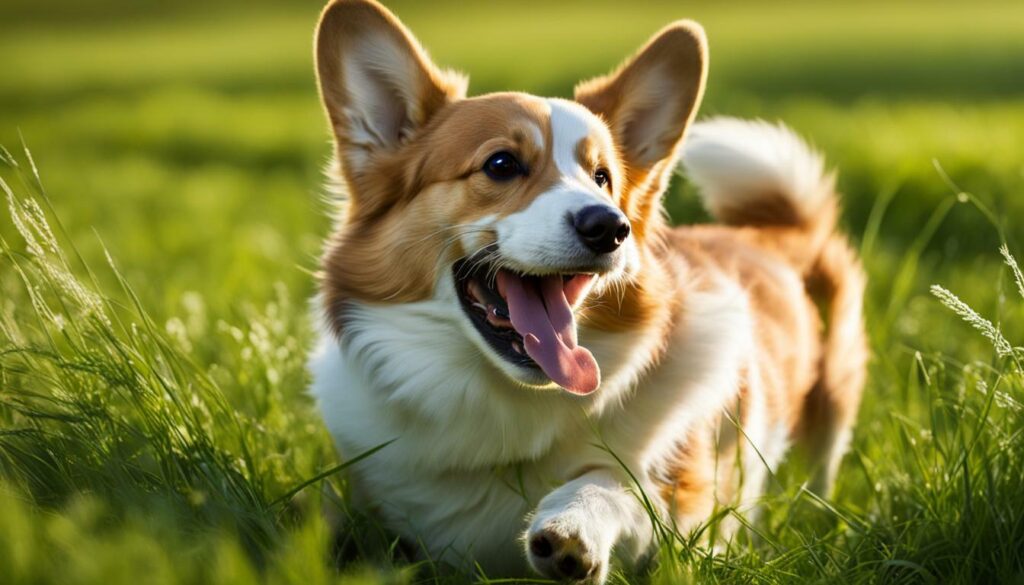 Pembroke Welsh Corgi playing in the grass