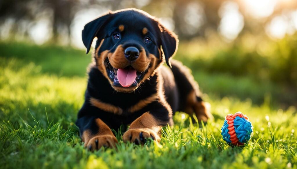 Rottweiler puppy playing with a toy