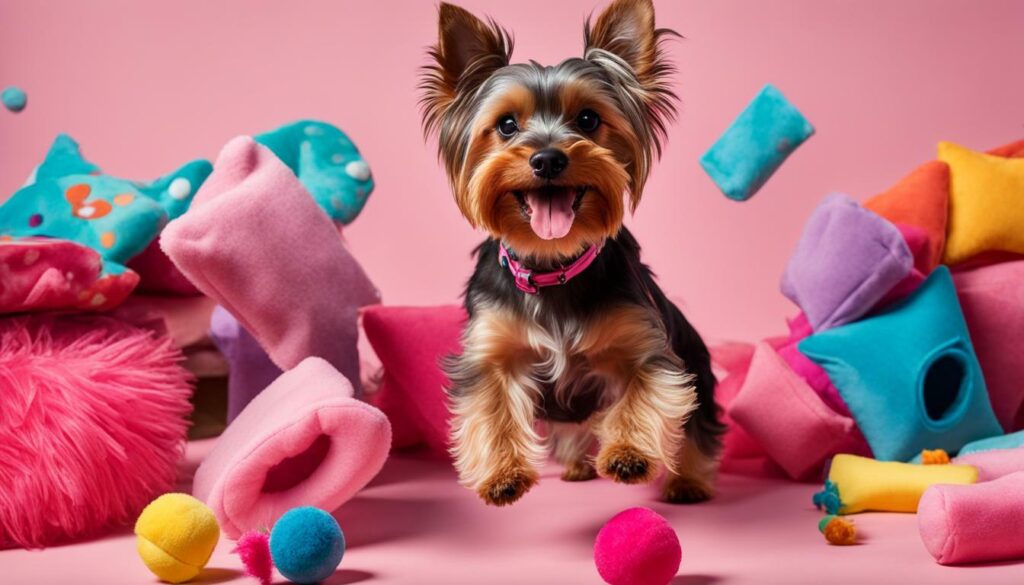 Yorkshire Terrier playing with BarkBox toys