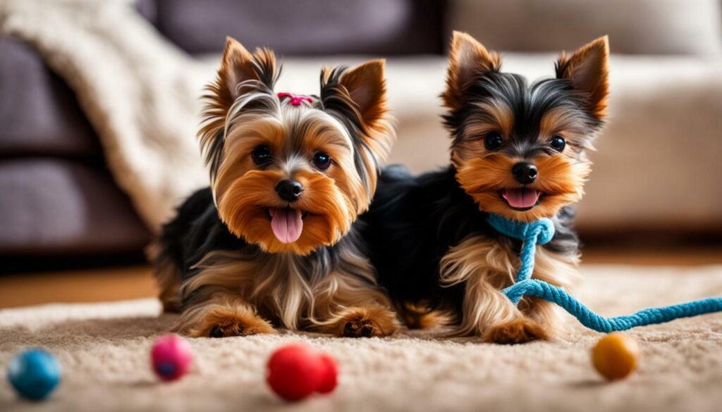 Yorkshire Terrier playing with plush toy