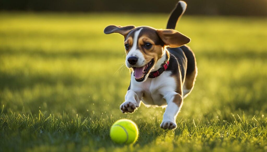 beagle pup playing with a tennis ball
