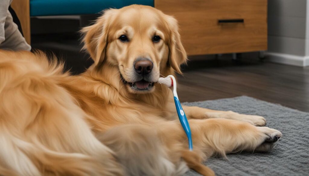 dog getting comfortable with toothbrush handling